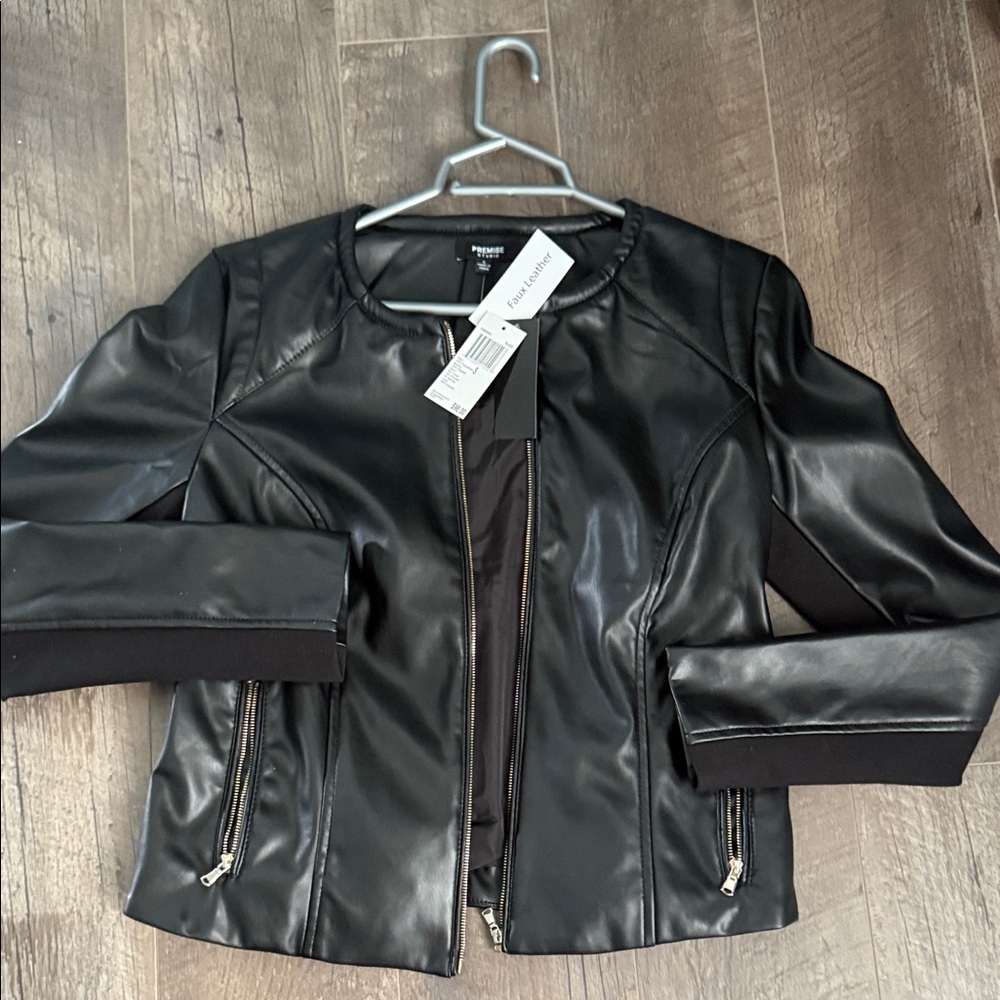 Premise Black Leather Jacket with Zip Accents Faux Leather